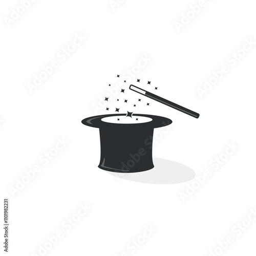 A simple flat design vector of a magician's hat and wand.