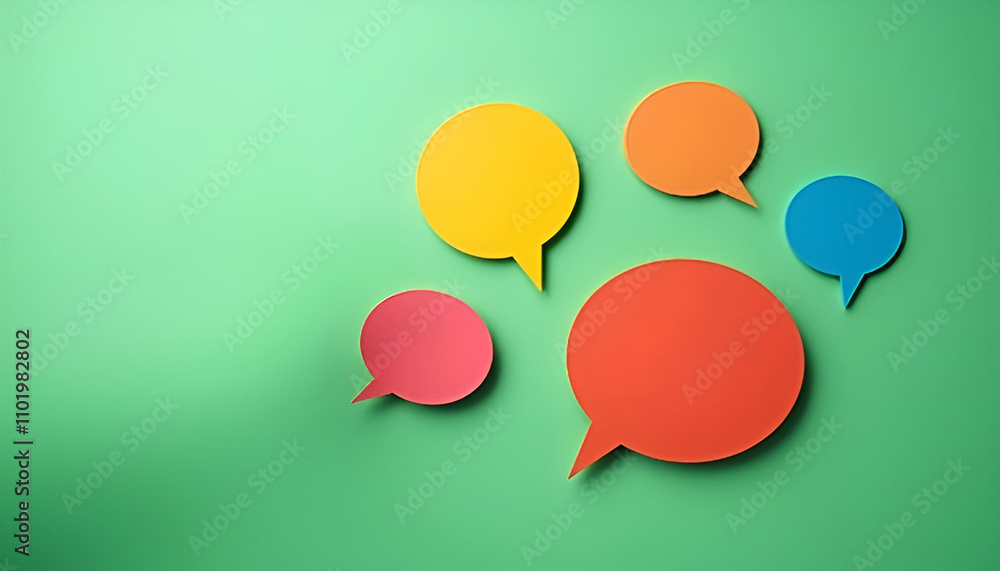 Colorful speech bubbles, conversational mood, arranged on green background, copy space Colorful speech bubbles, conversational mood, arranged on green background, copy space