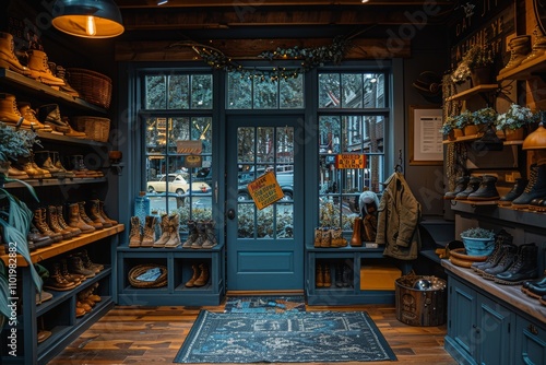 Cozy shoe store interior featuring wooden shelves and rustic decor, showcasing various footwear styles during late afternoon