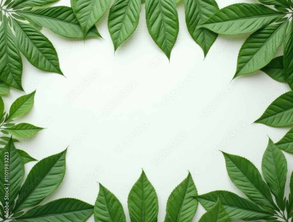 Fototapeta premium Floral frame template. Green leaves border. Leaf frame banner