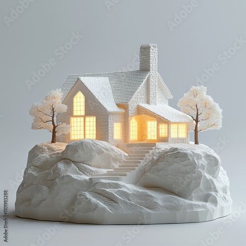 A beautifully illuminated miniature house set on a rocky base, surrounded by textured white trees, ideal for holiday decorations, home design projects, or as part of a storytelling theme, photo