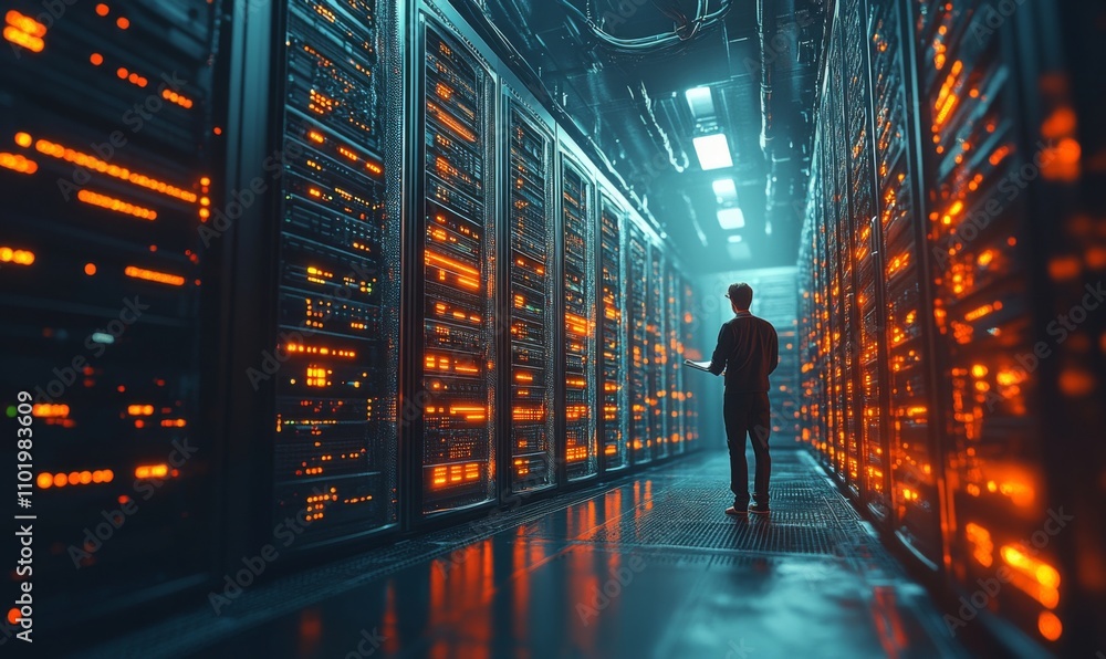 Isometric IT server room with rows of servers, cables, and a technician monitoring systems, high-tech and clean, 3D illustration Isometric IT server room with rows of servers, cables, and a technician monitoring systems, high-tech and clean, 3D illustration