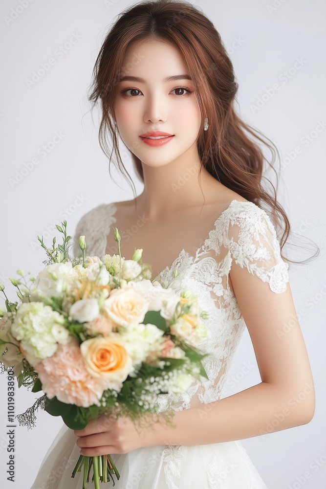 Beautiful young woman in wedding dress holding bouquet on white background Beautiful young woman in wedding dress holding bouquet on white background