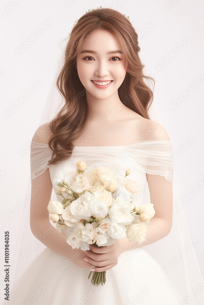 Beautiful young woman in wedding dress holding bouquet on white background Beautiful young woman in wedding dress holding bouquet on white background