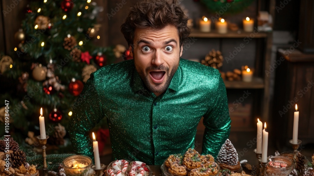 Joyful Man in Holiday Setting with Treats Joyful Man in Holiday Setting with Treats