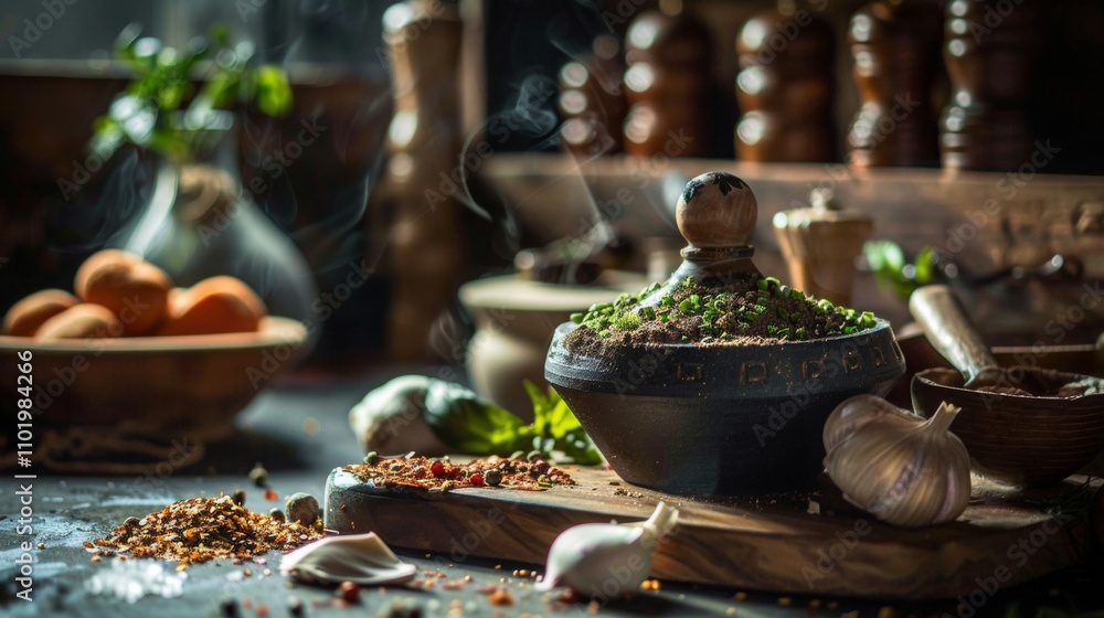 Rustic kitchen setting with spices, herbs, and a steaming tajine Rustic kitchen setting with spices, herbs, and a steaming tajine