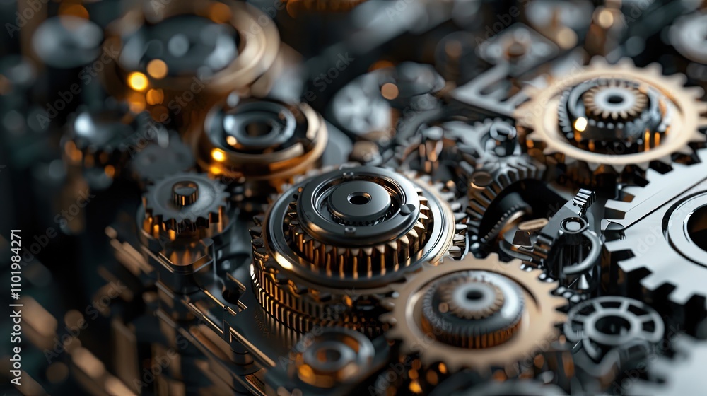 Fototapeta premium Detailed macro view of interconnected brass gears and cogs, highlighting mechanical precision, engineering, and intricate craftsmanship.