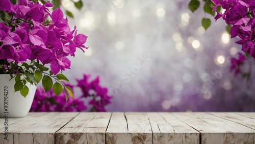 Purple flowers on rustic wood board mockup surface with violet color bokeh background