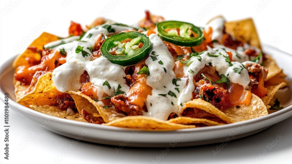 A delectable dish of nachos adorned with melted cheese and fresh jalapeno slices, perfect for snacking or sharing with friends at a celebration. A delectable dish of nachos adorned with melted cheese and fresh jalapeno slices, perfect for snacking or sharing with friends at a celebration.