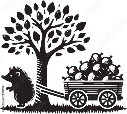 A hedgehog pulling a wagon full of acorns vector silhouette