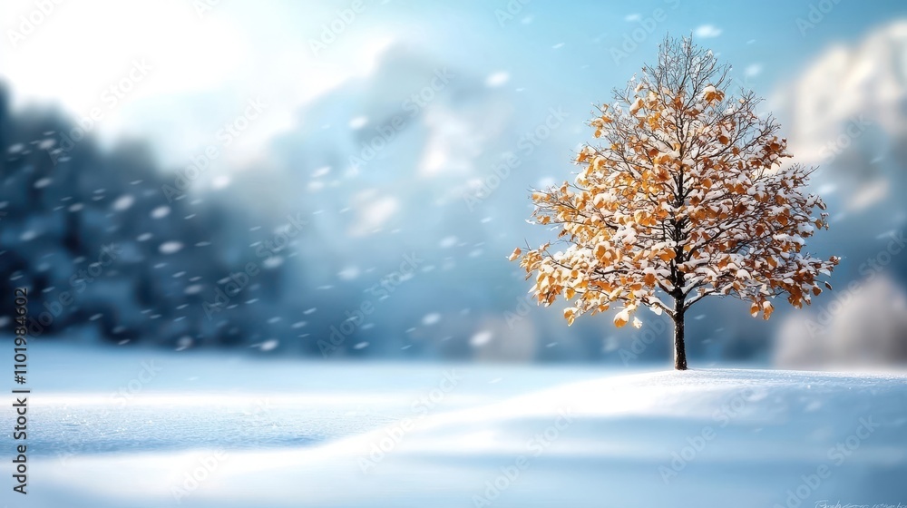 Lone Birch Tree Covered in Snow in Serene Winter Landscape Peaceful and Tranquil Snowy Scene with Bare Branches and Falling Flakes Against a Cloudy Sky Lone Birch Tree Covered in Snow in Serene Winter Landscape Peaceful and Tranquil Snowy Scene with Bare Branches and Falling Flakes Against a Cloudy Sky