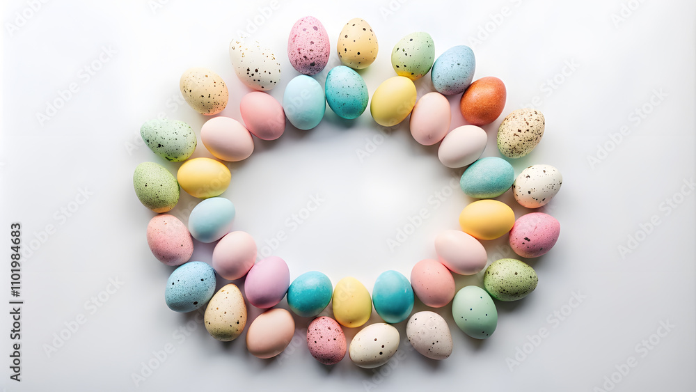 Pastel-Colored Eggs in Circular Flat Lay on White with Central Copy Space. Perfect for: Easter, Minimalist designs, Family gatherings Pastel-Colored Eggs in Circular Flat Lay on White with Central Copy Space. Perfect for: Easter, Minimalist designs, Family gatherings