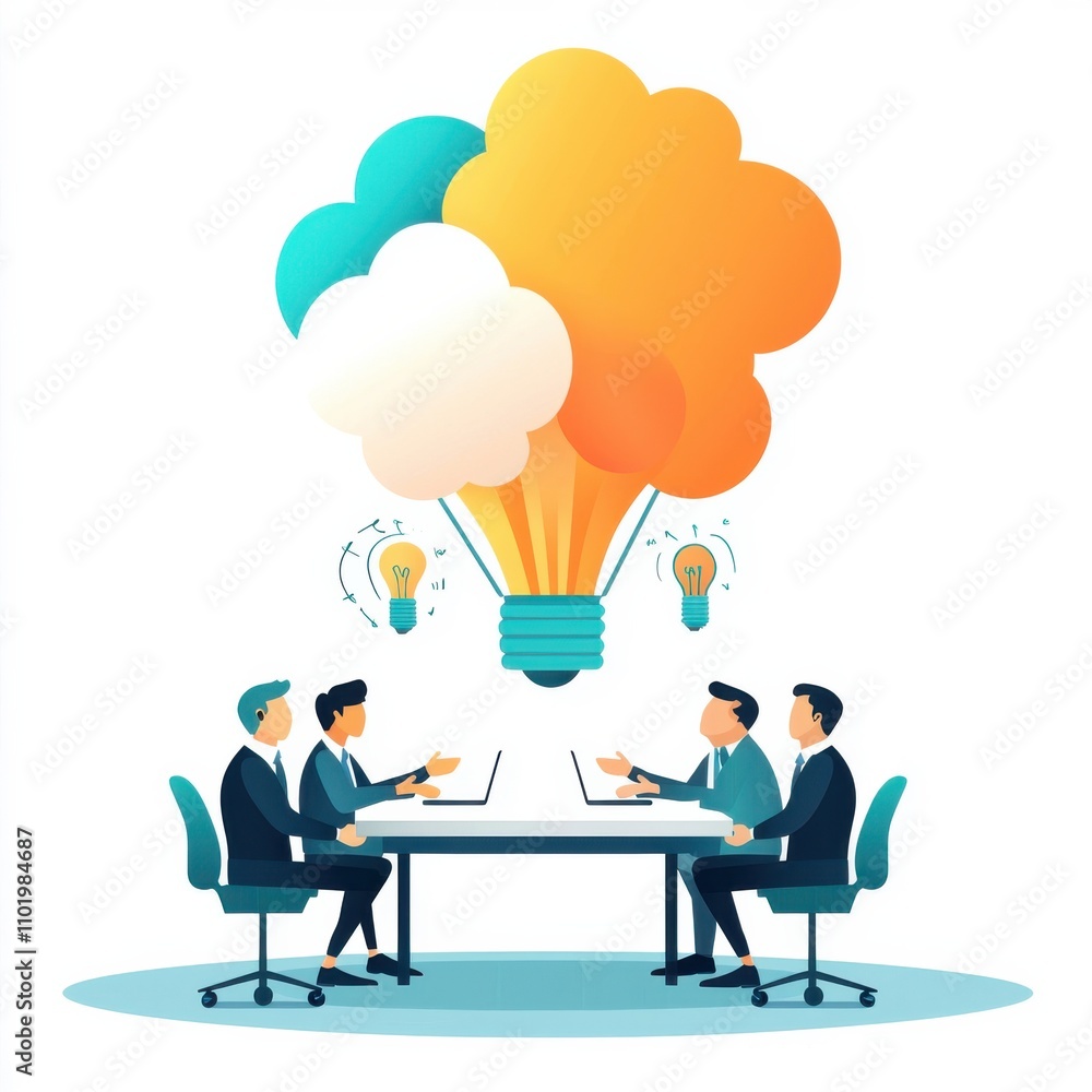 A group of people sitting around a table with a light bulb in the middle A group of people sitting around a table with a light bulb in the middle