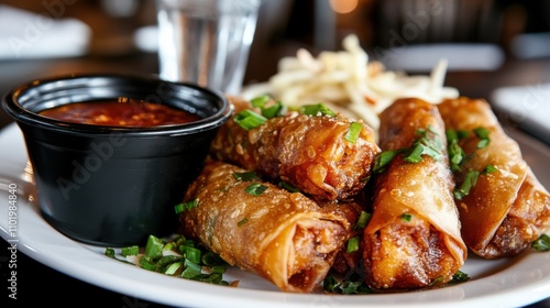 A plate of freshly fried spring rolls beautifully presented with a vibrant green garnish, accompanied by a delicious and savory dipping sauce. photo