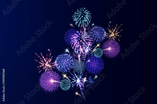 Magic fireworks in the night sky, Christmas background for holiday design, poster, postcard on a transparent background, png. Holiday lights.	