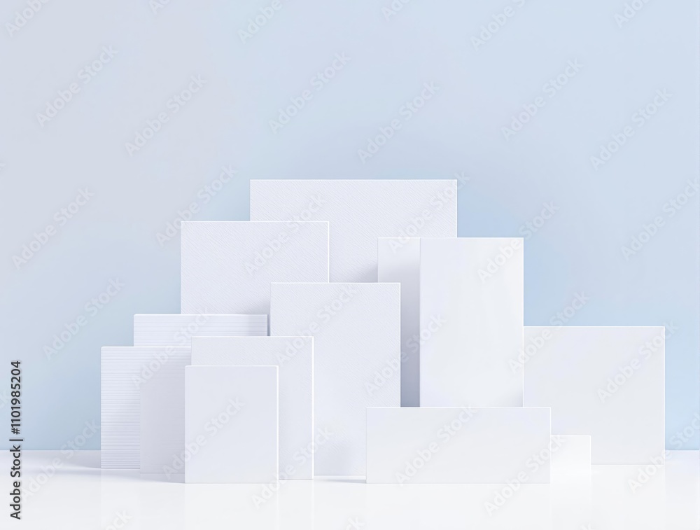 Abstract white squares and rectangles overlapping on a light blue background, symmetry, contemporary Abstract white squares and rectangles overlapping on a light blue background, symmetry, contemporary
