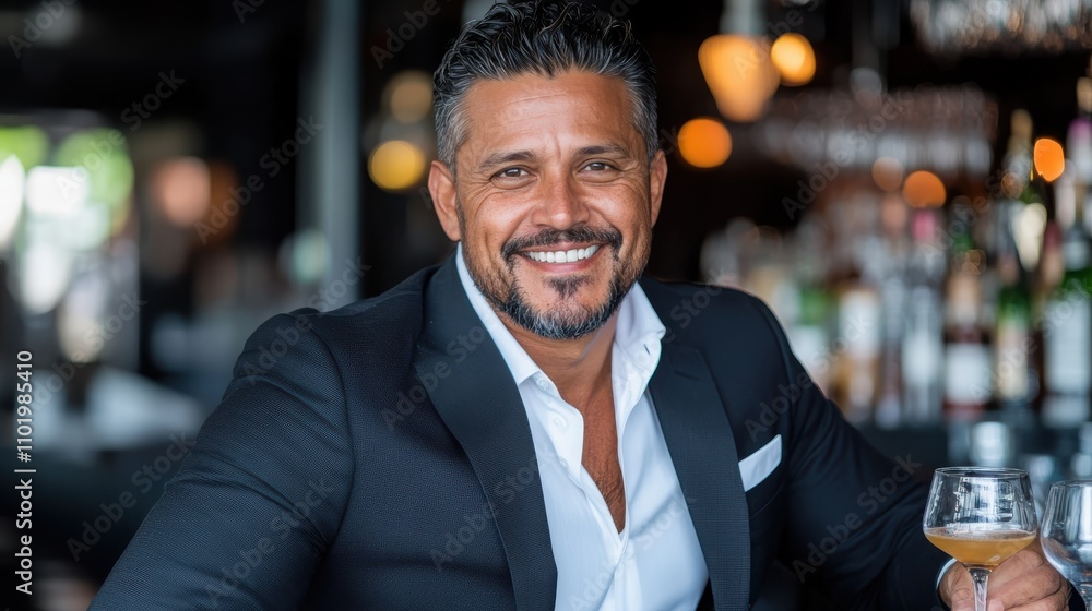 A well-dressed smiling man holds a wine glass in a sophisticated bar setting, embodying a moment of relaxation and enjoyment in an upscale environment. A well-dressed smiling man holds a wine glass in a sophisticated bar setting, embodying a moment of relaxation and enjoyment in an upscale environment.