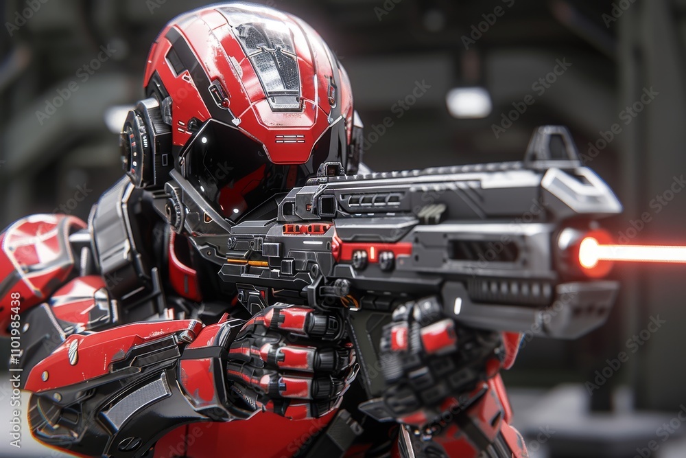 Fototapeta premium Futuristic soldier in red armor aiming a laser weapon during a tactical exercise in a high-tech environment