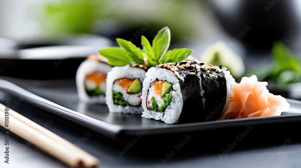 A plate of sushi rolls featuring avocado and salmon, topped with sesame seeds, decorated with ginger, creating a harmonious blend of flavors and textures. A plate of sushi rolls featuring avocado and salmon, topped with sesame seeds, decorated with ginger, creating a harmonious blend of flavors and textures.