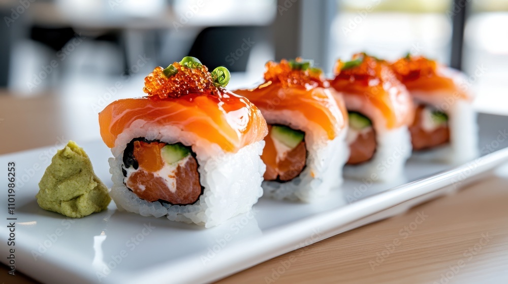 A delectable presentation of sushi rolls topped with fresh salmon and garnishes, accompanied by wasabi for an enhanced culinary experience. A delectable presentation of sushi rolls topped with fresh salmon and garnishes, accompanied by wasabi for an enhanced culinary experience.