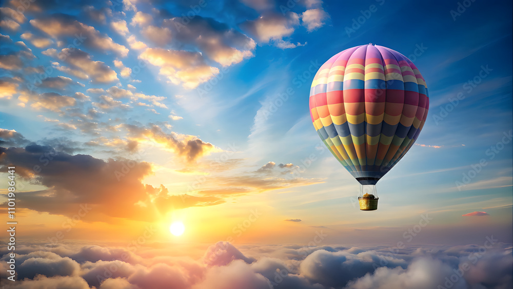 Naklejka premium Gradient Sky with Easter Egg Hot Air Balloon and Wide Copy Space. Perfect for: Easter, Outdoor celebrations, Imaginative projects