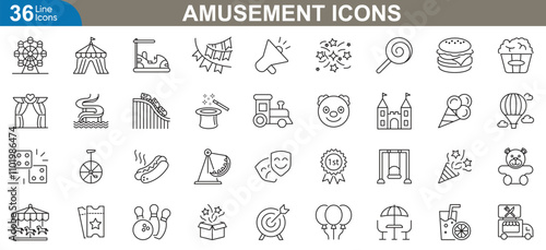Amusement line icons set. Entertainment, rollercoaster, carousel, ticket, bumper cars, popcorn and more. vector illustration.