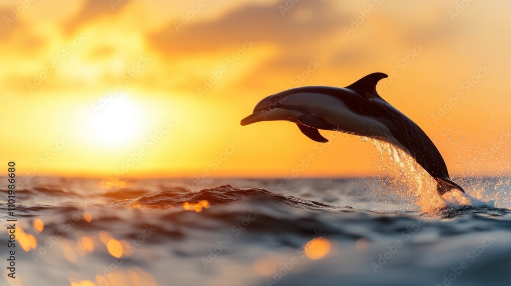 A lively dolphin jumps out of the ocean, with golden sunlight illuminating its form and creating a picturesque scene of nature's beauty and vibrant energy at sunset. A lively dolphin jumps out of the ocean, with golden sunlight illuminating its form and creating a picturesque scene of nature's beauty and vibrant energy at sunset.