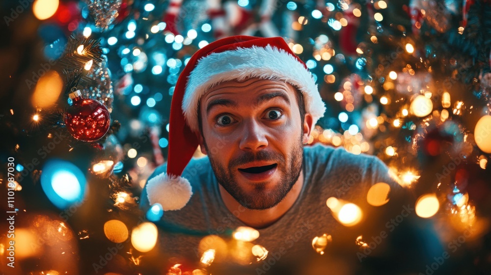 Joyful Man Surrounded by Christmas Lights Joyful Man Surrounded by Christmas Lights
