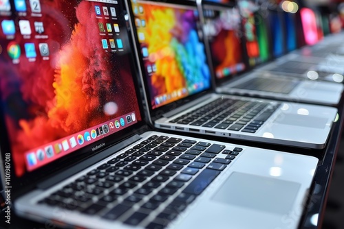 Multiple laptops lined up on display showcasing vibrant screens at a tech fair in a bustling city environment