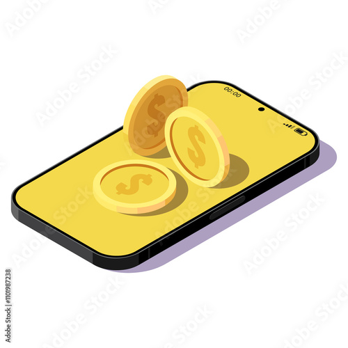 A smartphone with gold coins on the screen. The concept of dollar trading. Vector illustration on white background