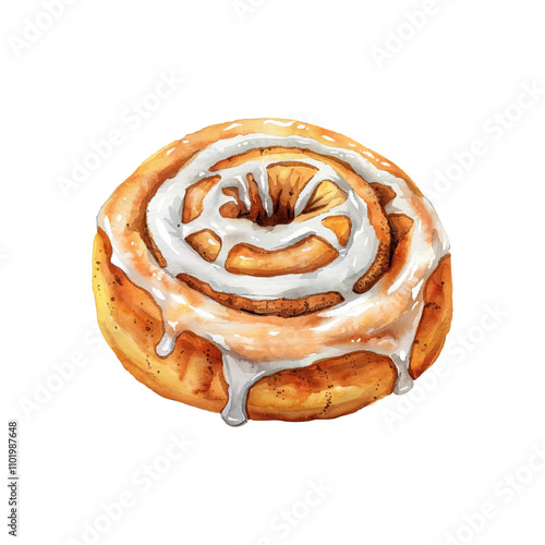 cinnamon bun with icing vector illustration in watercolor style