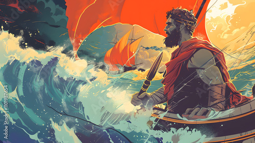 Odysseus old greek hero on his odyssey with his ship, anicent greek mythology illustration