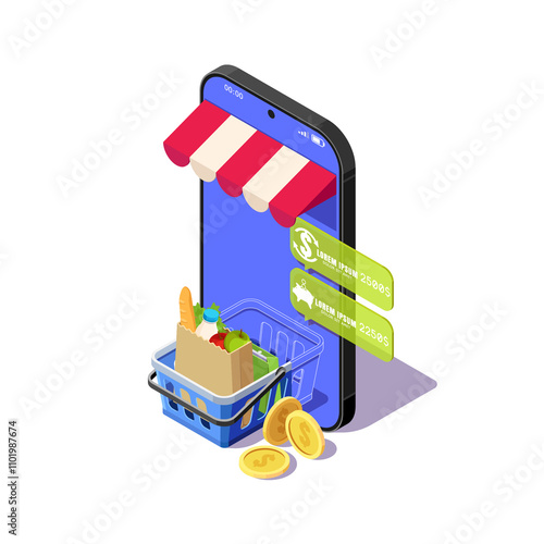 Isometric illustration of the concept of an online store with a shopping cart and products on the phone