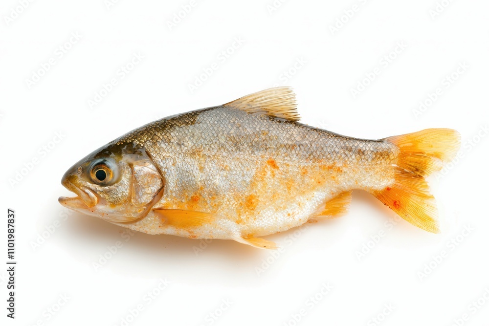 A fresh fish displayed on a white background, showcasing its scales and vibrant colors, Ideal for culinary, seafood, or nutrition-related content, Perfect for marketing, recipes A fresh fish displayed on a white background, showcasing its scales and vibrant colors, Ideal for culinary, seafood, or nutrition-related content, Perfect for marketing, recipes
