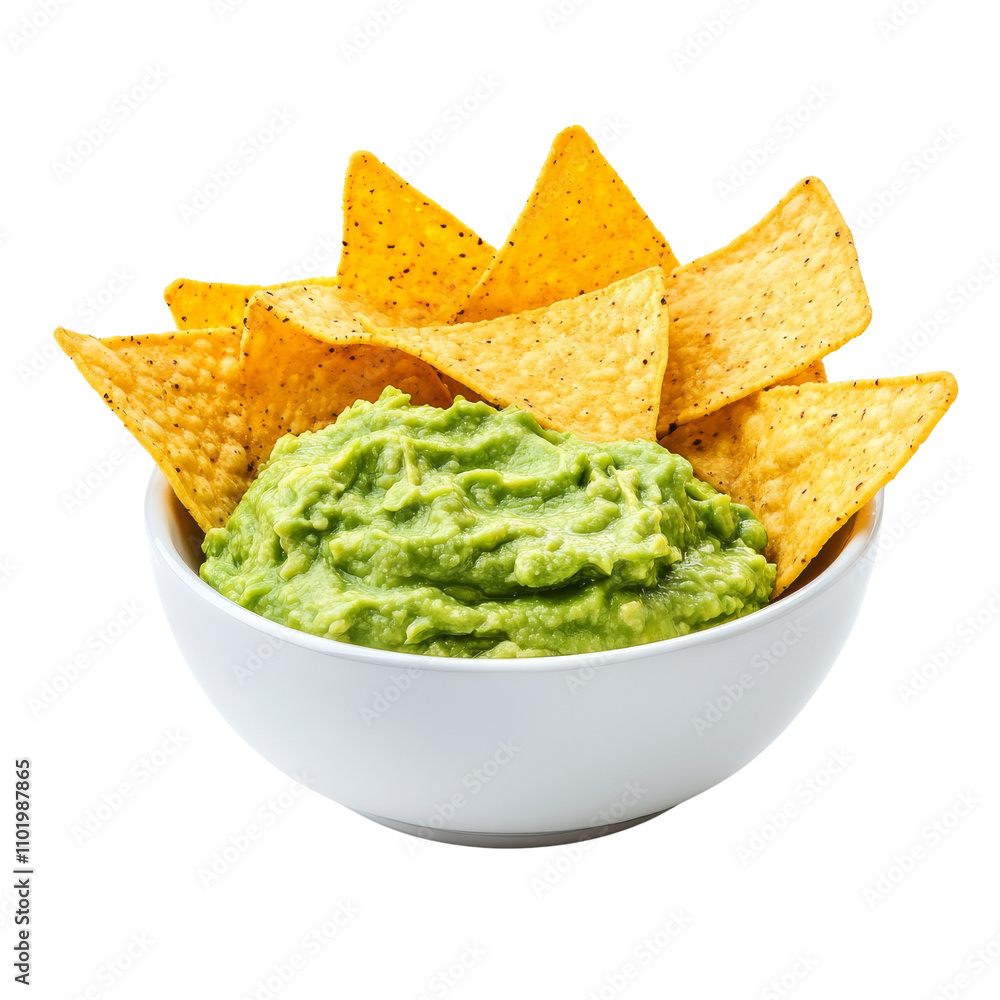 guacamole served with crispy tortilla chips in a white bowl. isolated on transparent background. cut out. guacamole served with crispy tortilla chips in a white bowl. isolated on transparent background. cut out.