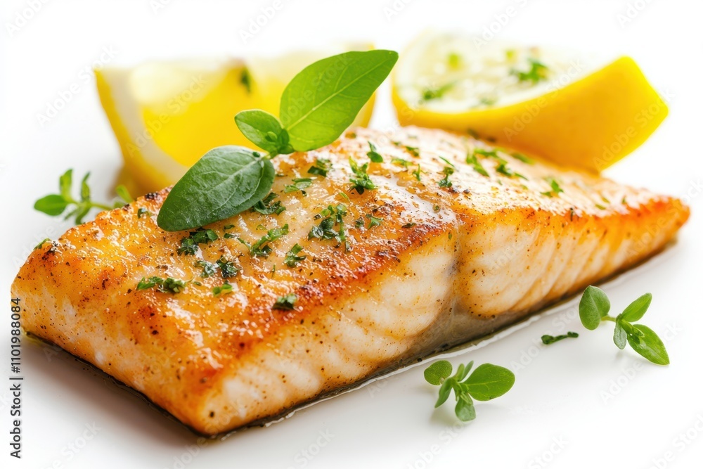 Juicy, grilled salmon garnished with fresh herbs and served with lemon wedges on a white plate, Ideal for culinary blogs, recipe books, or health and nutrition articles promoting seafood, Juicy, grilled salmon garnished with fresh herbs and served with lemon wedges on a white plate, Ideal for culinary blogs, recipe books, or health and nutrition articles promoting seafood,