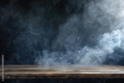 Dark wooden table with mystical smoke effect, perfect for product display or moody backgrounds.