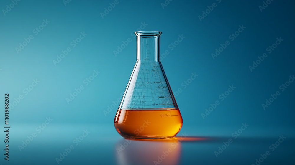 Erlenmeyer flask with yellow liquid flies on blue background. Chemistry flask, Laboratory glassware, equipment. Minimal concept Erlenmeyer flask with yellow liquid flies on blue background. Chemistry flask, Laboratory glassware, equipment. Minimal concept