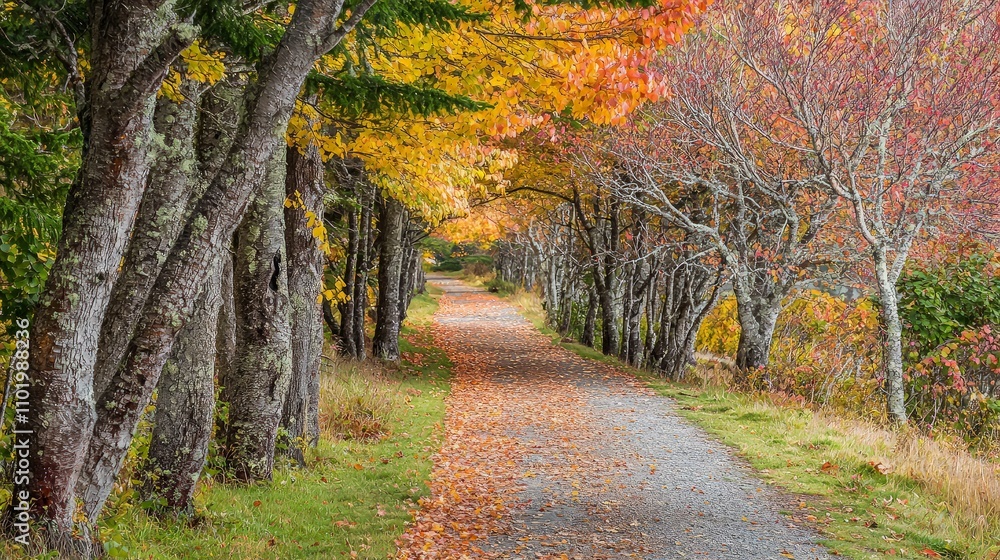 Naklejka premium Autumnal path through colorful trees.