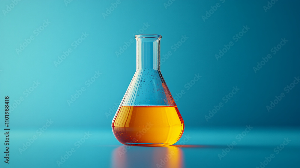 A glass beaker with a yellow liquid in it . Chemistry flask, Laboratory glassware, equipment A glass beaker with a yellow liquid in it . Chemistry flask, Laboratory glassware, equipment