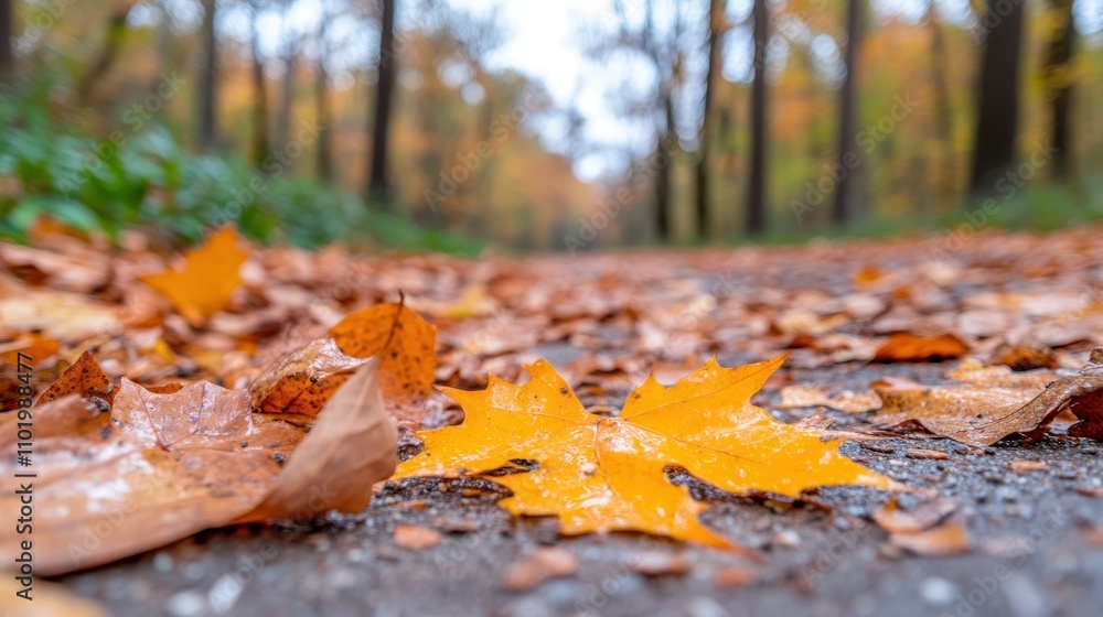 A vibrant close-up of golden autumn leaves scattered along a forest path, with a beautiful blurred background of trees creating a serene, natural setting. A vibrant close-up of golden autumn leaves scattered along a forest path, with a beautiful blurred background of trees creating a serene, natural setting.