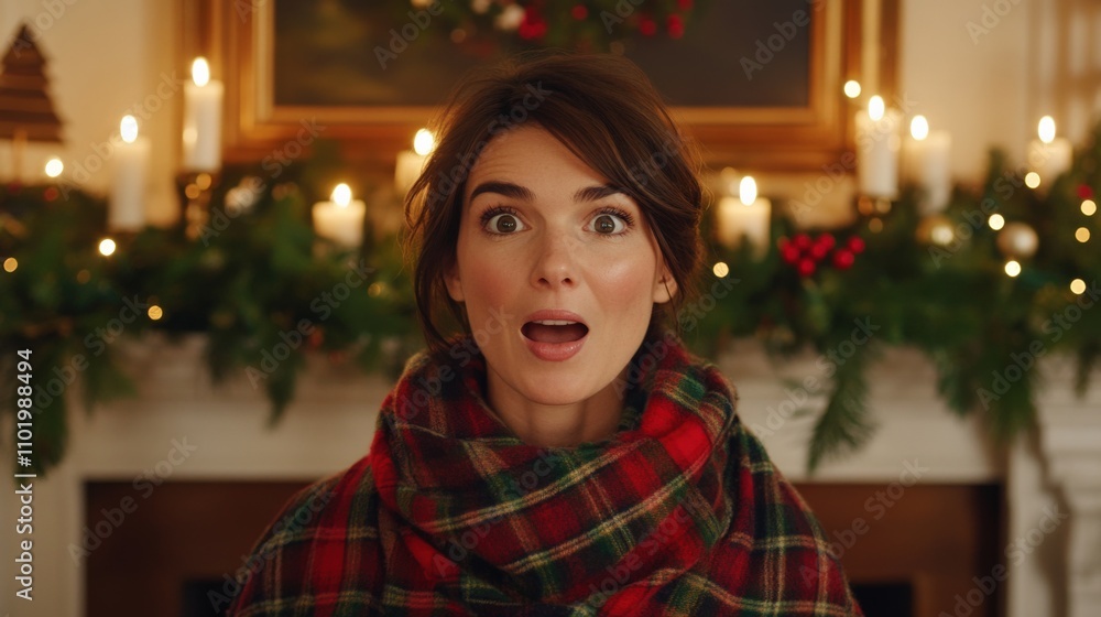 Surprised Woman in Cozy Christmas Setting Surprised Woman in Cozy Christmas Setting