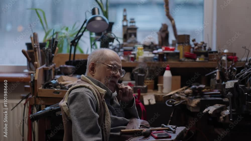 Senior elderly master jeweler in wheelchair works in a workshop Senior elderly master jeweler in wheelchair works in a workshop