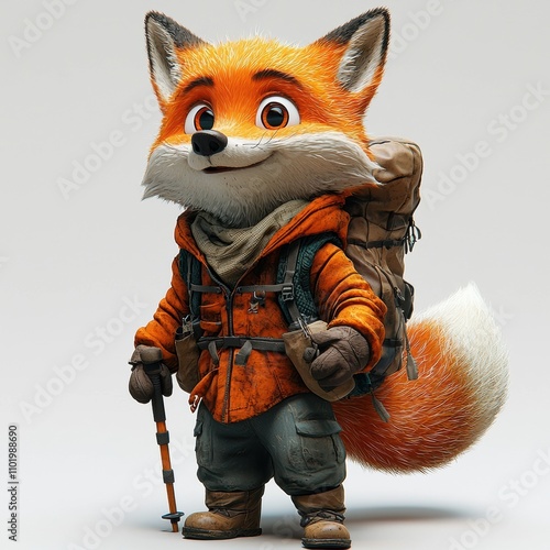 Ready for Adventure: A cute, cartoon fox with a backpack and hiking poles, ready to explore the great outdoors. This charming character is a perfect mascot for adventure-themed brands. photo