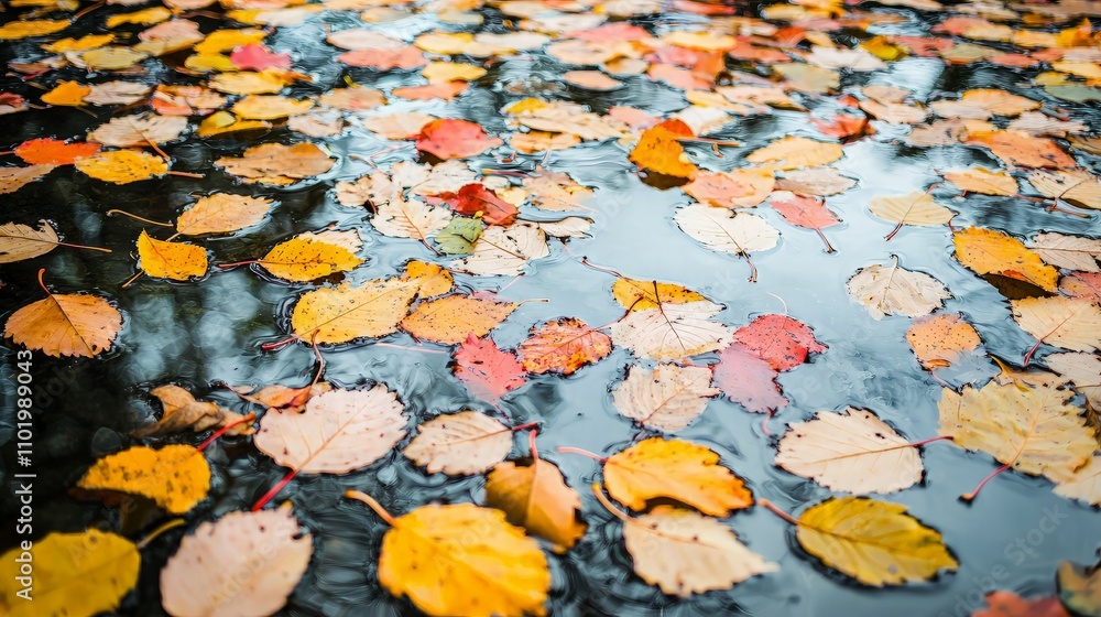 Colorful autumn leaves floating on dark water. Colorful autumn leaves floating on dark water.
