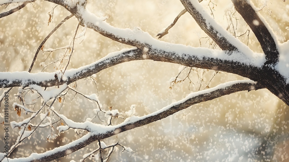 Snow-covered tree branches in winter sunlight. Snow-covered tree branches in winter sunlight.