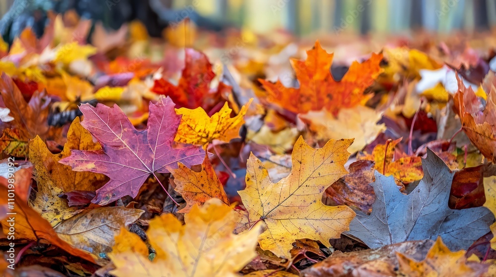 Obraz premium Colorful autumn maple leaves scattered on ground.