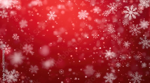 Abstract winter confetti snowflakes falling on red backdrop with bokeh, festive season, winter festivity, glittering accents, magic atmosphere, celebration mood