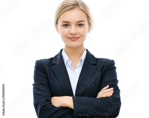 Confident young woman with blonde hair in stylish black blazer standing against transparent background, smiling at camera.