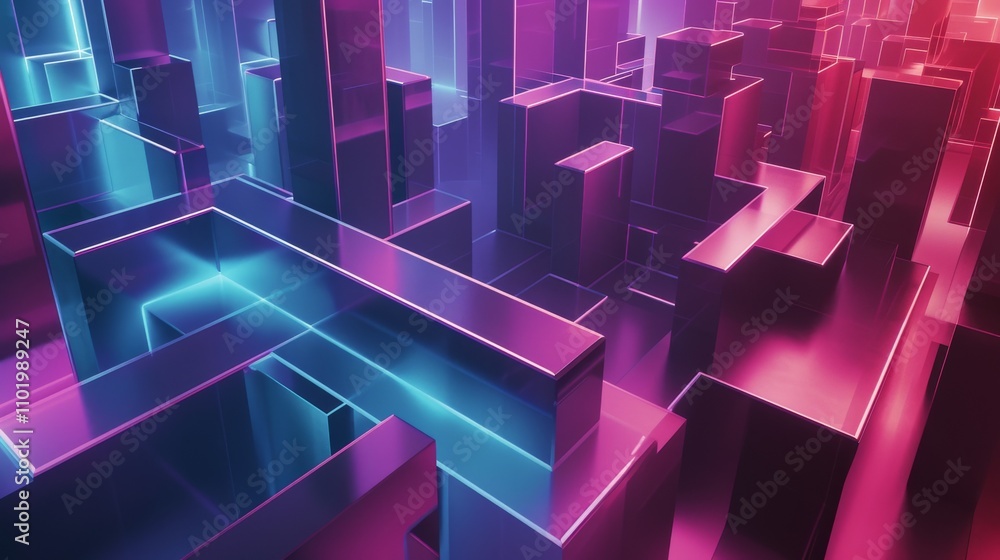 A 3D maze of towering geometric shapes in vibrant pink, blue, and purple hues. The complex and layered composition gives the illusion of depth and a futuristic, high-tech cityscape. A 3D maze of towering geometric shapes in vibrant pink, blue, and purple hues. The complex and layered composition gives the illusion of depth and a futuristic, high-tech cityscape.